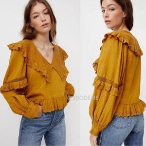 Forever That Girl Anthro Frieda Mustard Ruffle Oversized Collar Top size 8